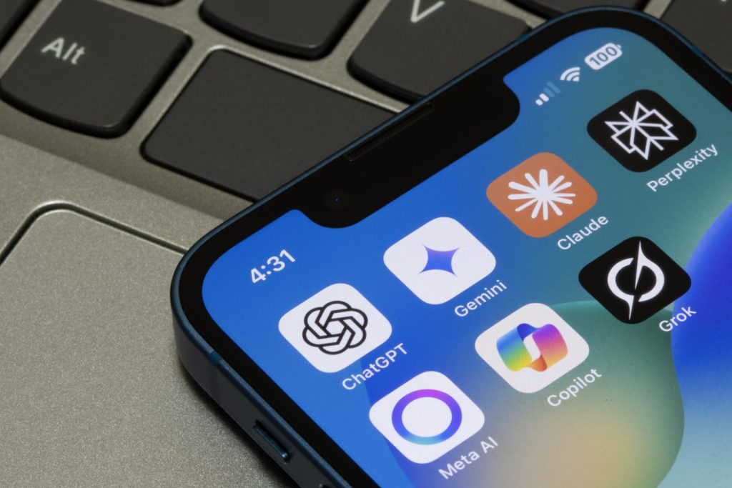 A mobile phone with the top 8 AI apps on the home screen.