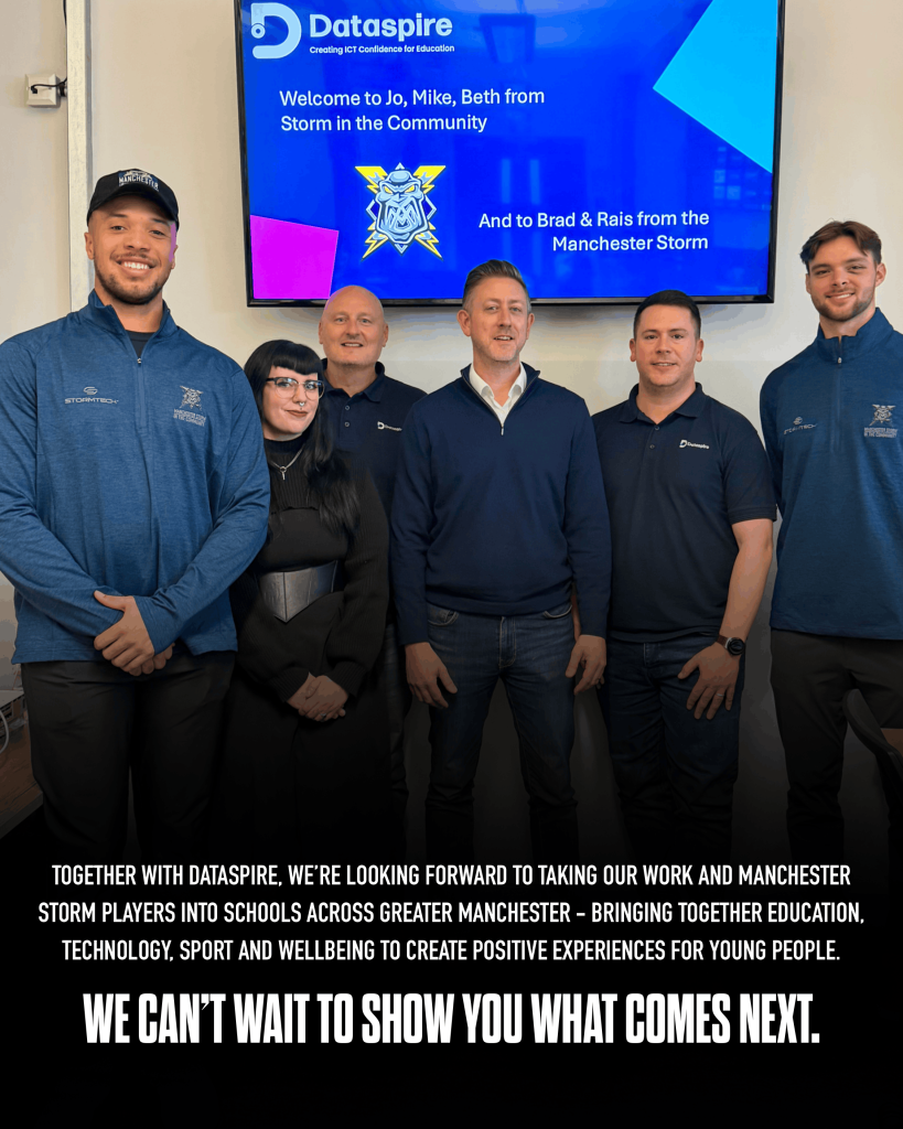 Dataspire staff with Storm in the Community representatives and Manchester Storm players